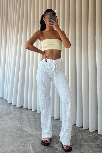 Noa Noa Women's Textured High Waist Lace-Up Trousers – Summer Relaxed Fit