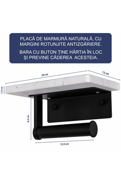 FizioTab FizioTab® Metal Toilet Paper Holder with Marble Shelf, White/Black