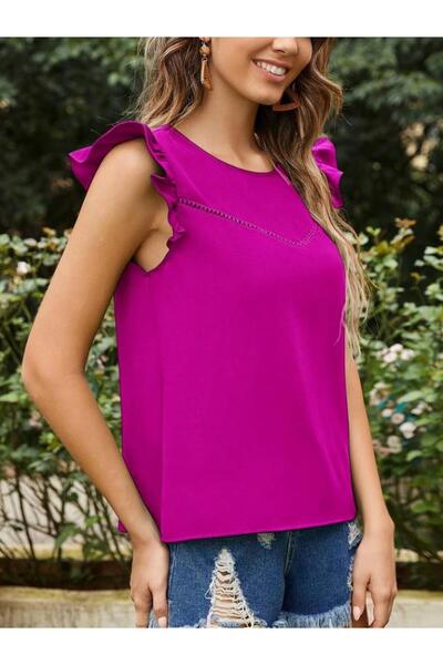 modamtn    Women's Round Neck Sleeves Ruffle Crepe Blouse