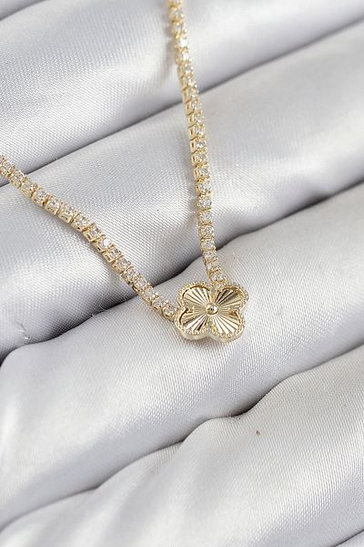 Clariss Brass Zircon Stone Clover Model Gold Color Women's Necklace