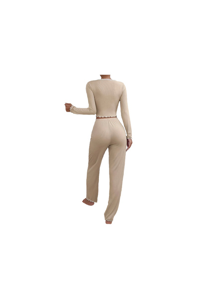 SOLOBUY Outlet Pyjama Sets Women Solid Pattern Crop Tops V Neck Long Sleeve Shirts Ruffles Pants