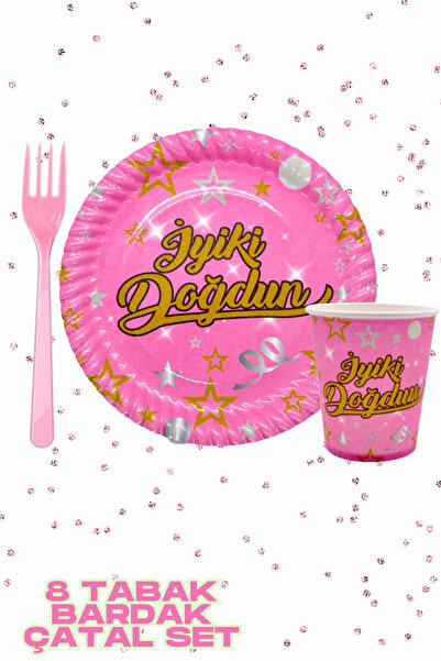 Baloncu Nene Σετ ροζ χάρτινων πιάτων και ποτηριών με επιγραφή  "Χρόνια Πολλά ...