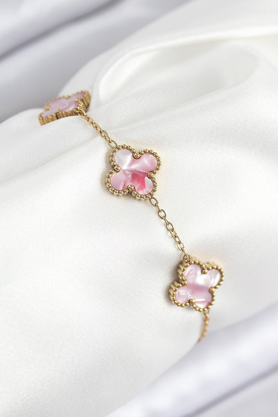 Clariss 316L Steel Pearlescent Pink Gold Color Clover Women's Bracelet
