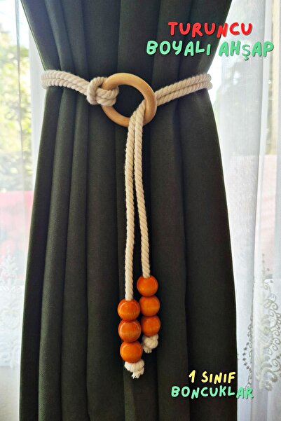 Armashine Turuncu Renk Ahşap Braçol Halkalı Boncuklu Makrome Perde Tutucu Bağı – Fon Perde Bağlama (1 Adet)