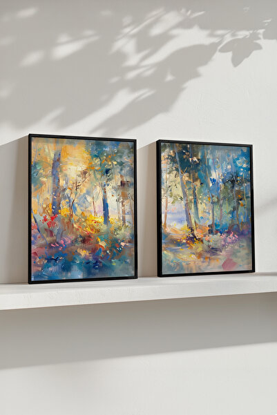 STARYUNA Set de pictură dublă cu peisaj de pădure abstractă, cu rame din lemn...