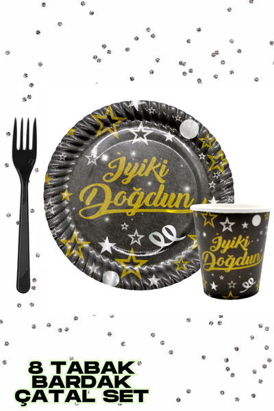 Baloncu Nene Σετ πιάτων και ποτηριών από μαύρο χαρτόνι με γραμμένο στολίδι γι...