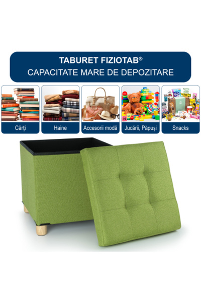 FizioTab Folding Stool with Storage Space, FizioTab®, with Solid Wood Legs, 38x38x38 cm, Green
