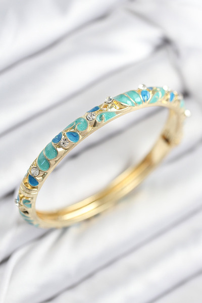 Clariss Mineli Brass Zircon Stone Turquoise Blue Flower Motif Gold Women's Handcuffs