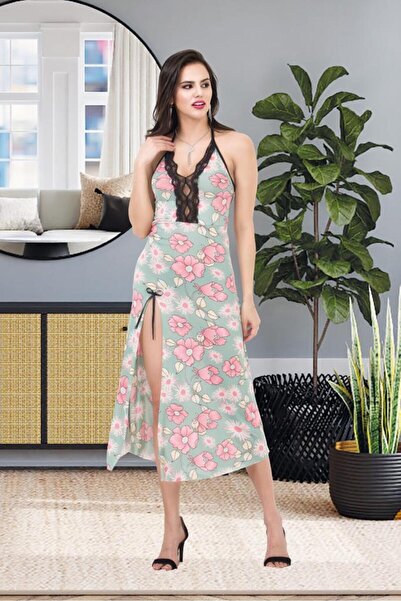 Viselya imprimeu floral cu fantă Negru, pachet de dantelă cămăși de noapte