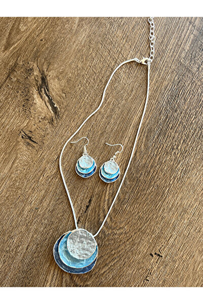 Büyük Hanım Retro Saucer Design Boho Style Blue Pendant Earrings Set