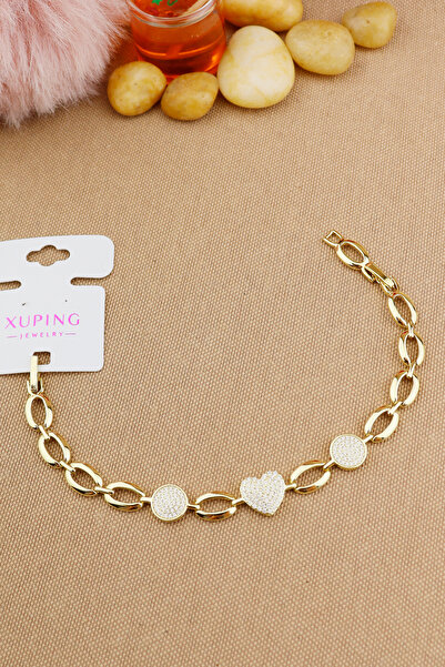 Keyifli Hayaller Xuping Vip Marka Zirkon Taşlı Kalp Model Halka Zincir Bileklik Altın Rengi Kararmaz 17+2cm