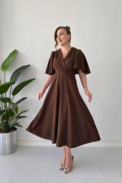 MaziButik Bell Sleeve Crepe Dress Brown
