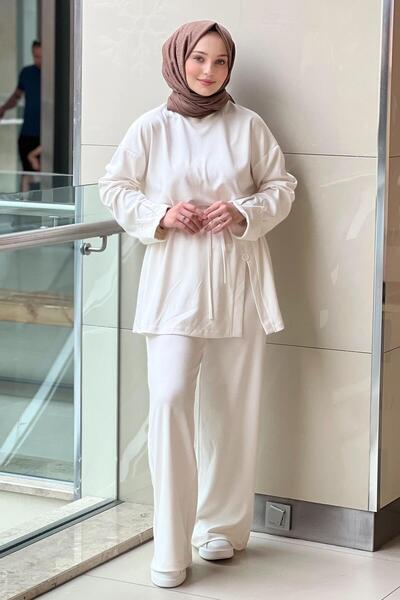 Mahal Casual Slit Button Detailed Tunic Trousers Suit