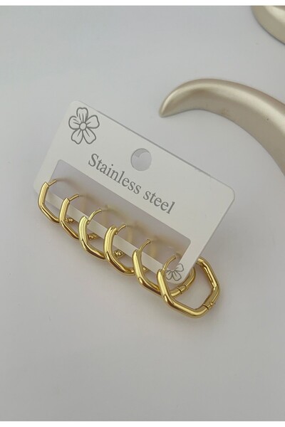 Goche Set of 3 Stainless Steel Gold Geometric Hoop Earrings – Women's Minimal Elegant Model - High Quality