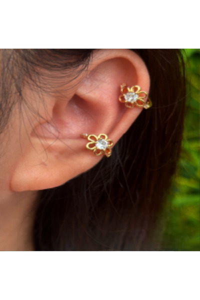 Goche Altın Kaplama Çiçek Zirkon Taşlı Tak - Çıkar Eklem Küpe (Ear Cuff) Yüksek Kalite