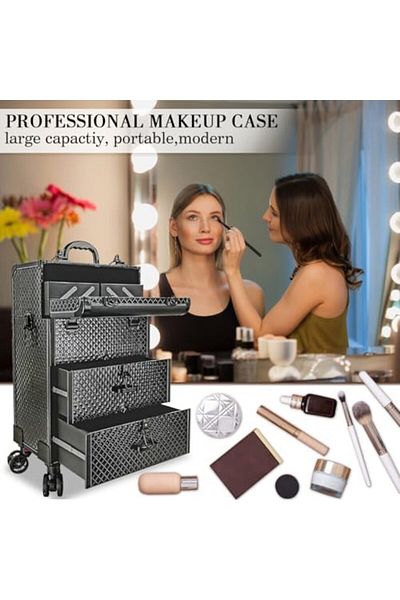 CESTBELLA Professional Makeup Trolley Rolling Cosmetic Case, Portable Train Case with Wheels Large S