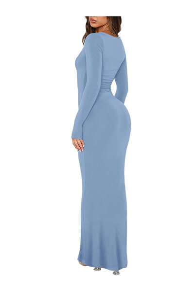 OEM Rochie lungă, elastică, mulată, cu mâneci lungi, albastră, XL