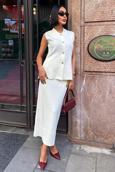 Lijuri Gold button detailed vest midi set 10230 r1-g-k5