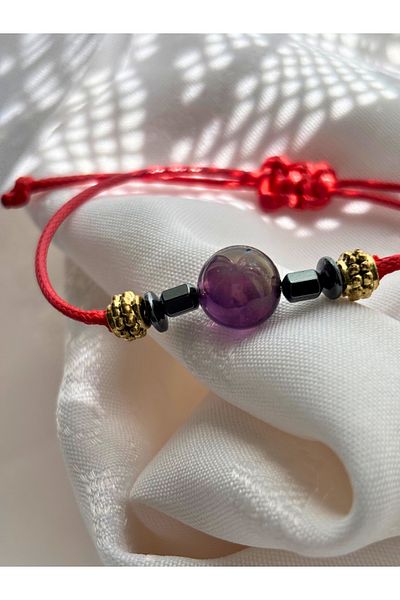 ayrestyle Sphere Cut Amethyst Natural Stone Drawstring Women's Bracelet - Adjustable Macrame Bohemian Design