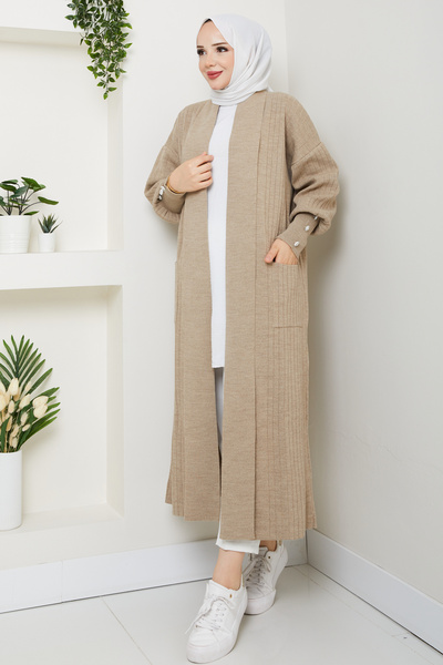 Pamuk Butik Women's Sleeve Buttoned Shawl Collar Steel Knitted Sweater Cardigan