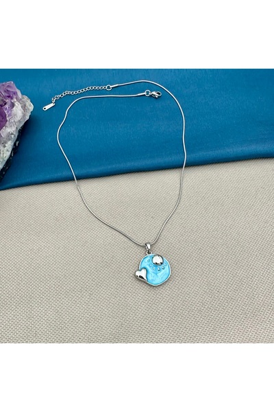 Opia Takı & Aksesuar Steel Blue Enamel Heart Sun Silver Necklace