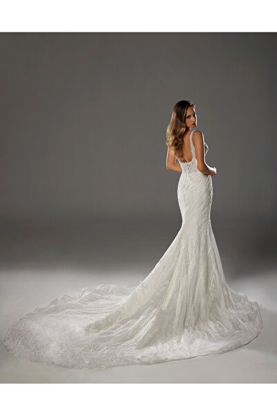 Bianco Vita Kare Yaka Askılı Komple Dantel Ve Taş İşlemeli Balık Gelinlik