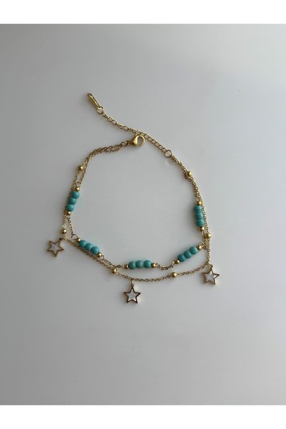 Owentis Steel Gold Double Row Blue Beaded Star Anklet -No Tarnishing-