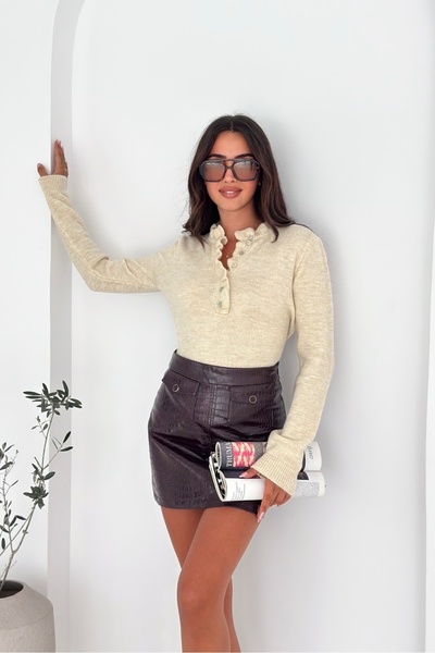 Noi Belis Ruffle Detailed Upright Taka Button Knitwear Sweater Aw25Kz0003