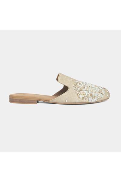 Delilah Grace Embellished Mule – Genuine Leather, Hand-Embroidered, Double-Cushioned – Beige