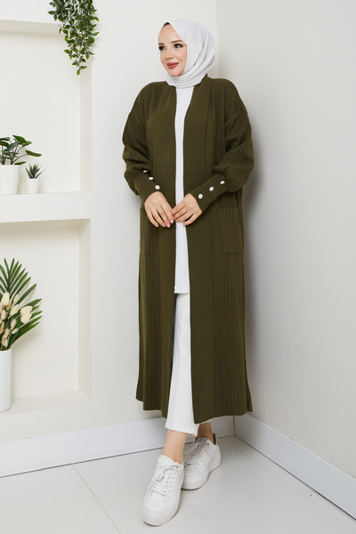 Pamuk Butik Women's Sleeve Buttoned Shawl Collar Steel Knitted Sweater Cardigan