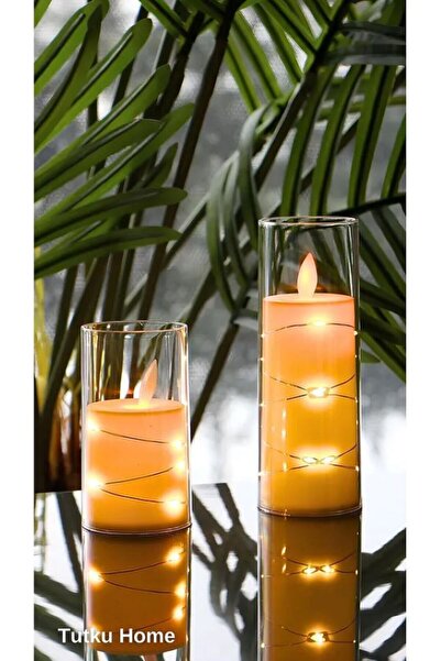 Tutku 2 Lİ Ledli Işıklı Dumansız Sarı Alevli Pilli Dekoratif Led Mum