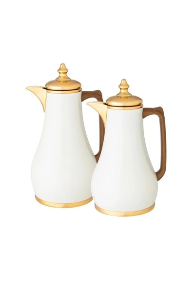 rexa طقم ترمس أبيض بمقبض خشبي - 1 لتر و 1 لتر