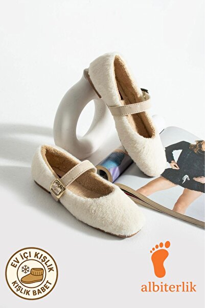AlbiShoes Çeyiz Bohça Pofuduk Kadın Ev İçi Babet Kışlık Kemerli Peluş Yünlü Ev İçi Dış Mekan Babet