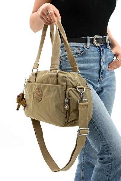 Çanta Trend Geantă unisex din țesătură Crinkle pentru umăr și curea încrucișată de culoare bej