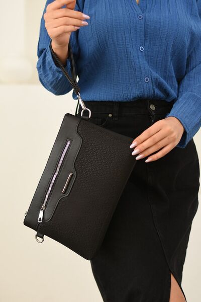 Çanta Trend Women's Faux Leather Black Mosaic Patterned Portfolio with Adjustable Cross Strap and Hand Strap, Clutch Bag