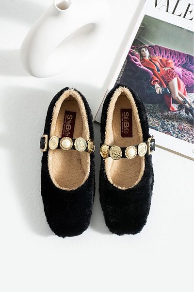 AlbiShoes Dowry Bundle Fluffy Women's Home Slippers Winter Stoned Buckle Plush Wool Indoor Outdoor Slippers