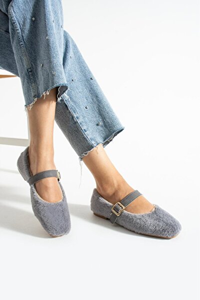 AlbiShoes Dowry Bundle Fluffy Women's Indoor Ballerinas Winter Belted Plush Wool Indoor Outdoor Ballerinas