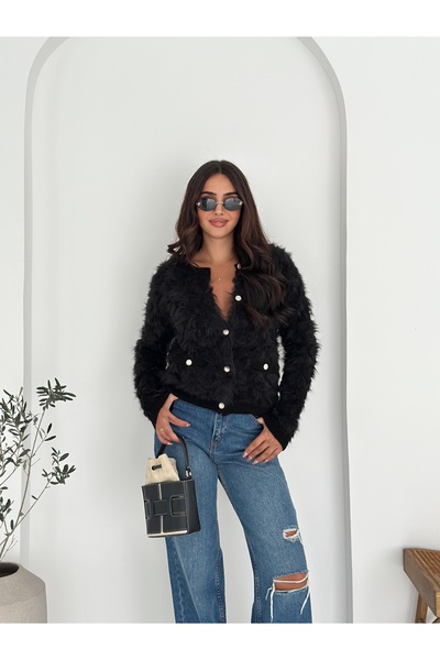 02Lady Fashion Baklava Patterned Soft Textured Pocket Detailed Buttoned Beard Fabric Knitwear Cardigan