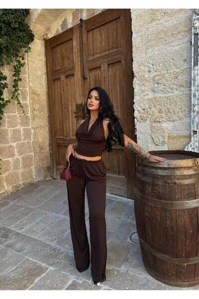 PEMAA Degaje Collar Halter-Neck Back Low-Cut Top Elastic Waist Pocket Wide-Le...