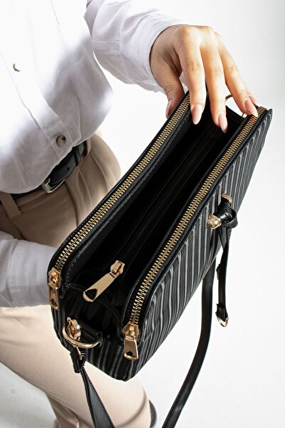 Çanta Trend Geantă de umăr cu dungi negre pentru femei, din piele artificială, cu curea încrucișată reglabilă, cu 3 compartimente, cu fermoar metalic