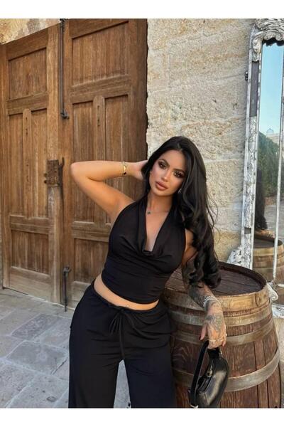 PEMAA Degaje Collar Halter-Neck Back Low-Cut Top Elastic Waist Pocket Wide-Leg Pants Suit