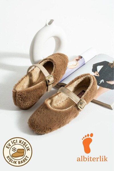 AlbiShoes Dowry Bundle Fluffy Women's Indoor Ballerinas Winter Belted Plush Wool Indoor Outdoor Ballerinas