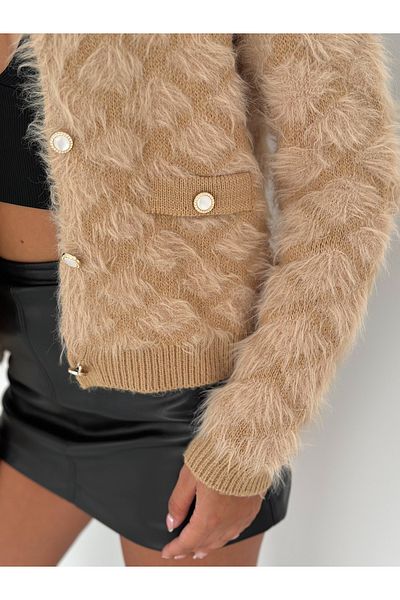 02Lady Fashion Baklava Patterned Soft Textured Pocket Detailed Buttoned Beard Fabric Knitwear Cardigan