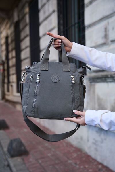 Çanta Trend Women's Large Size 7 Compartments Water Resistant Crinkle Fabric Dark Gray Hand and Shoulder Bag