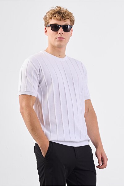 Dufy Beyaz Çizgili Desen Kısa Kol Slim Fit Erkek Triko