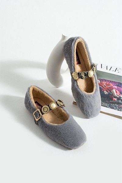 AlbiShoes Dowry Bundle Fluffy Women's Home Slippers Winter Stoned Buckle Plush Wool Indoor Outdoor Slippers