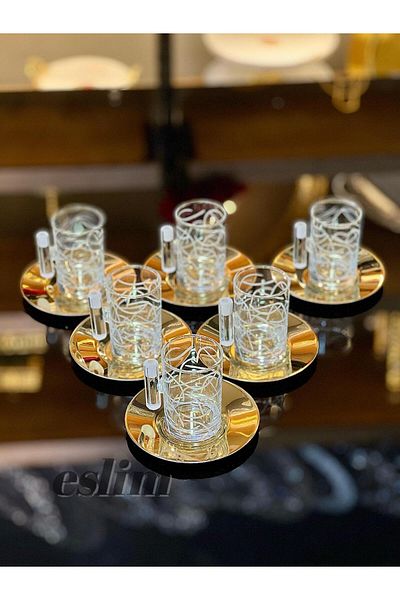 Eslim 12 Pieces Tea Cup Metal Plate Handwork