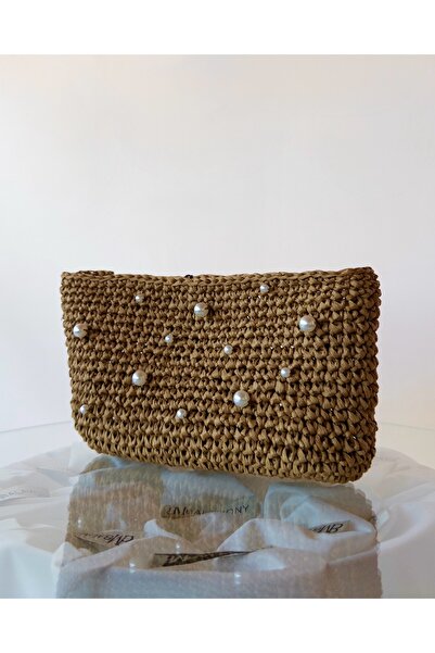Balamony Brown Pearl Embroidered Straw Bag
