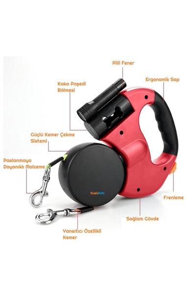 SüslüPati طوق مشي مزدوج للكلاب متعدد الوظائف باللون الأحمر