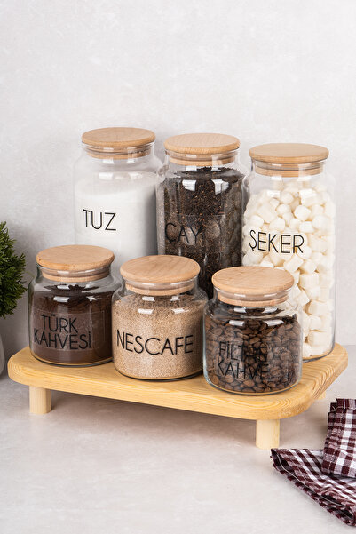 dnshome 6'lı Cam Kavanoz Seti Stantlı Vakum Kapaklı Kahve Seti & Çay Şeker Tu...